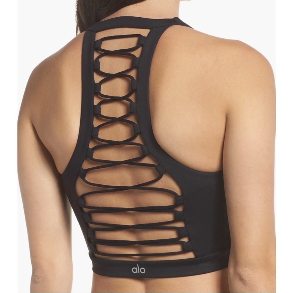 ALO Yoga Movemnent Seamless Sports Bra with Strappy Back Crop Tank Top Sz S Navy